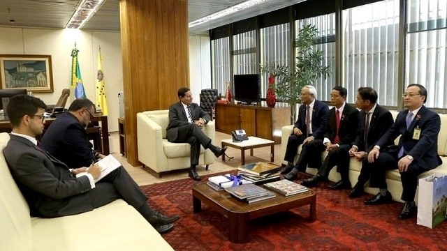 Brazilian Vice President Hamilton Mourao (centre) receives Vietnamese NA Vice Chairman Uong Chu Luu (fourth from right) on April 22. (Photo: VNA)