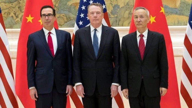 US Treasury secretary Steven Mnuchin, left, with trade representative Robert Lighthizer and Chinese Vice Premier Liu He in Beijing, China, February, 2019. (File photo: Reuters)