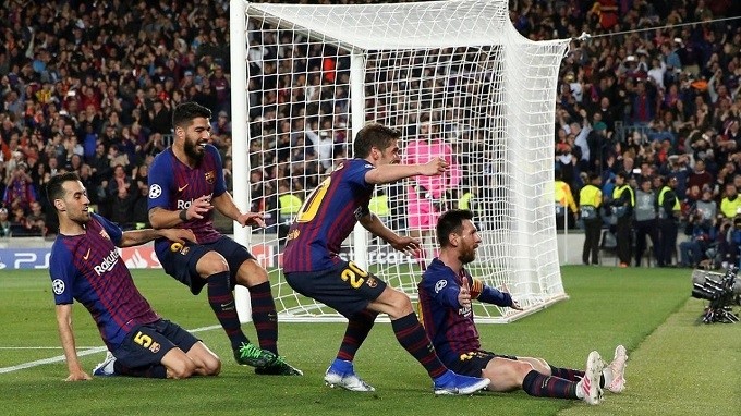 Champions League Semi Final First Leg - FC Barcelona v Liverpool - Camp Nou, Barcelona, Spain - May 1, 2019 Barcelona's Lionel Messi celebrates scoring their third goal with Sergi Roberto, Luis Suarez and Sergio Busquets. (Reuters)