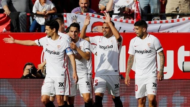 Sevilla's Gabriel Mercado celebrates scoring their second goal with team mates - La Liga Santander - Sevilla v FC Barcelona - Ramon Sanchez Pizjuan, Seville, Spain - February 23, 2019. (Photo: Reuters)