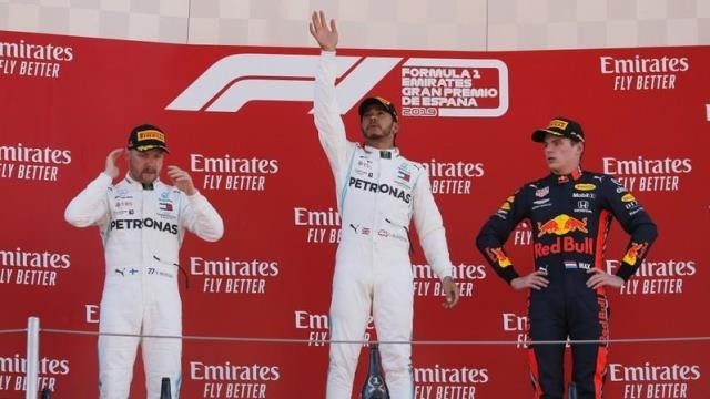 First placed Mercedes' Lewis Hamilton, second placed Mercedes' Valtteri Bottas and third placed Red Bull's Max Verstappen on the podium - Formula One F1 - Spanish Grand Prix - Circuit de Barcelona-Catalunya, Barcelona, Spain - May 12, 2019. (Photo: Reuters)