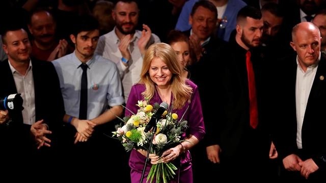 Newly-elected Slovakia's President Zuzana Caputova receives flowers at her party's headquarters in Bratislava, Slovakia, March 30, 2019. (Photo: Reuters)