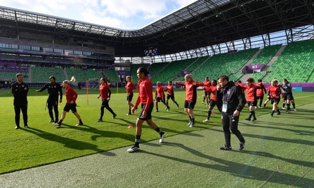 Lyon are put through their paces during a training session in Ferencvárosi Stadium in Budapest where they will play Barcelona in the Women’s Champions League final. (EPA)