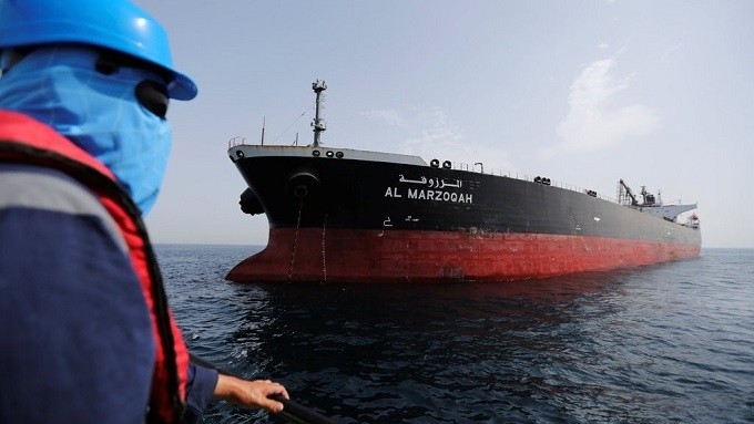 Al Marzoqah, a Saudi tanker, off the port of Fujairah, in the United Arab Emirates, on Monday. The ship is one of two that Saudi Arabia said have been damaged in acts of sabotage. (Reuters)