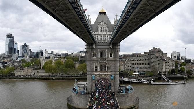 General view as runners go over Tower Bridge during the London marathon, London, Britain, April 28, 2019. (Reuters)