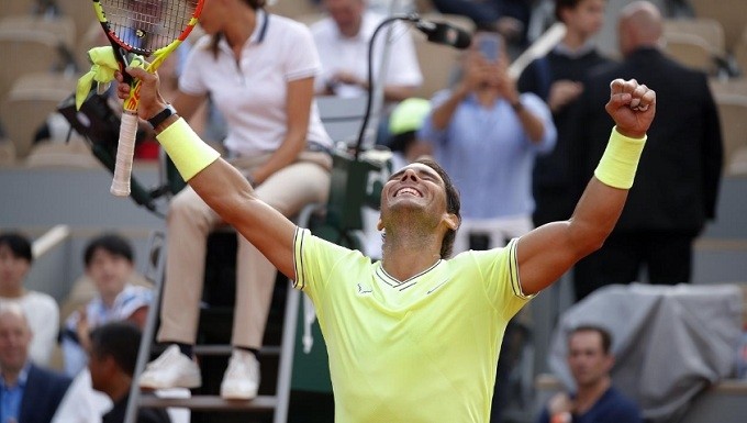 Spain's Rafael Nadal celebrates after his quarterfinal match against Japan's Kei Nishikori. (Reuters)