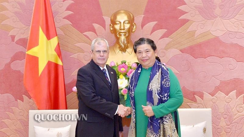 National Assembly Vice Chairwoman Tong Thi Phong (R) meets with Homero Acosta Álvarez, Secretary of the Council of State and member of the National Assembly of People’s Power of Cuba, in Hanoi on June 12 (Photo: quochoi.vn)