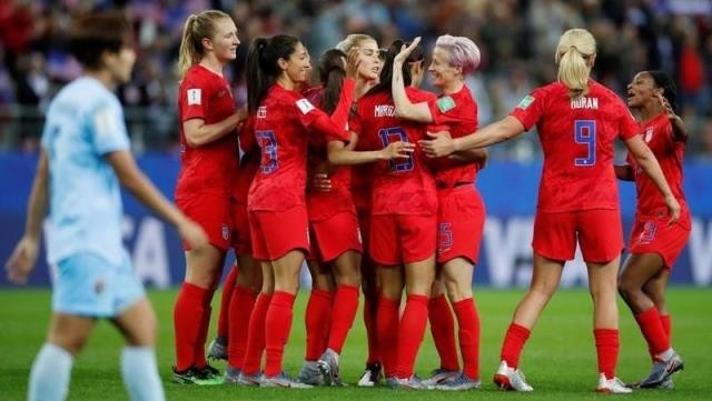 Alex Morgan of the US celebrates scoring their eighth goal with team mates - Women's World Cup - Group F - United States v Thailand - Stade Auguste-Delaune, Reims, France - June 11, 2019. (Photo: Reuters)