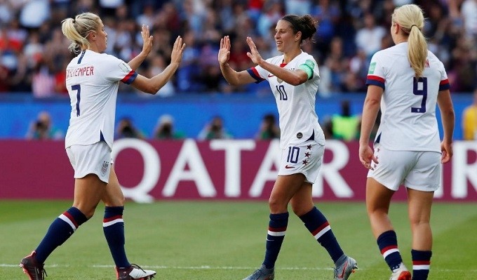 Women's World Cup - Group F - United States v Chile - Parc des Princes, Paris, France - June 16, 2019 Carli Lloyd of the U.S. celebrates with team mates after scoring their first goal. (Reuters)