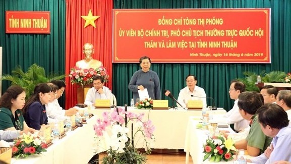 Standing Vice Chairwoman of the National Assembly Tong Thi Phong speaking at the working session. (Photo: VNA)
