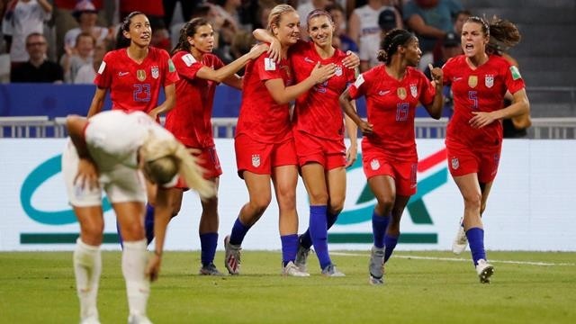 Alex Morgan of the US celebrates scoring their second goal with Lindsey Horan and team mates - Women's World Cup - Semi Final - England v United States - Groupama Stadium, Lyon, France - July 2, 2019. (Photo: Reuters)