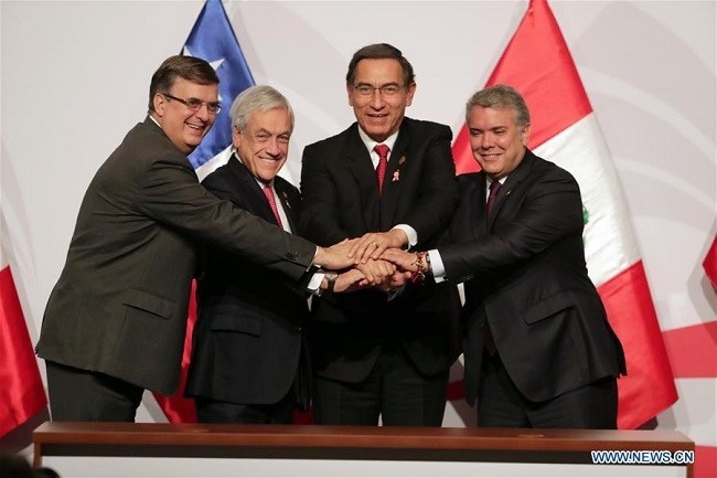 Colombian President Ivan Duque, Peruvian President Martin Vizcarra, Chilean President Sebastian Pinera and Mexican Foreign Minister Marcelo Ebrard (from R to L) attend the 14th summit of Latin American trade bloc the Pacific Alliance (AP) in Lima, Peru, July 6, 2019. (Photo: Xinhua)