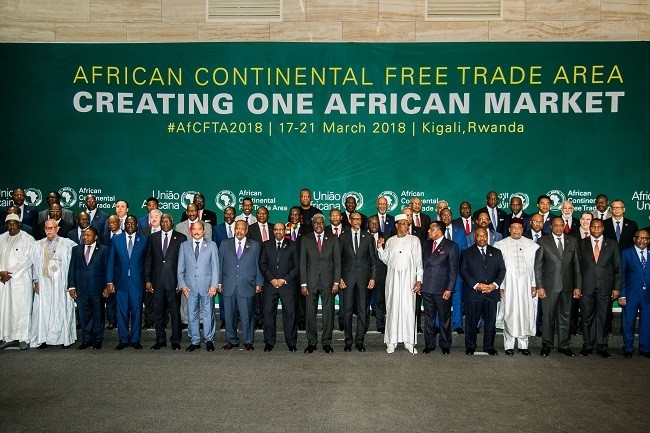 The African Heads of States and Governments pose during African Union (AU) Summit for the agreement to establish the African Continental Free Trade Area in Kigali, Rwanda, on March 21, 2018. (Source: STR/AFP/Getty Images)
