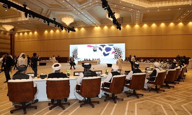 Members of the Taliban attend the Intra Afghan Dialogue talks on July 7 in the Qatari capital. (Photo: AFP)