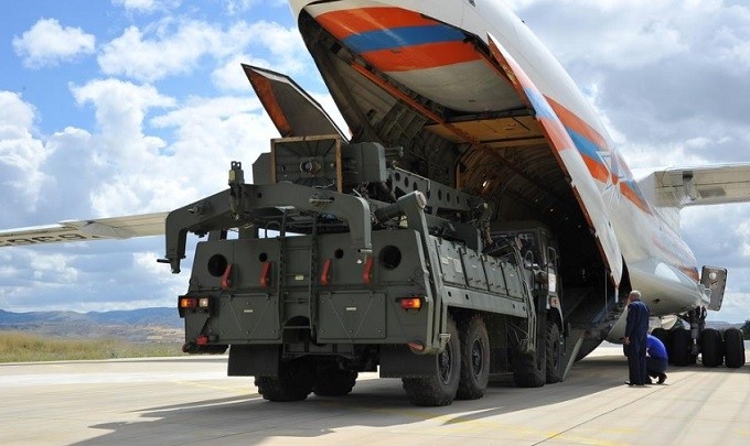 First parts of a Russian S-400 missile defence system are unloaded from a Russian plane at Murted Airport, known as Akinci Air Base, near Ankara, Turkey, July 12, 2019. (Reuters)