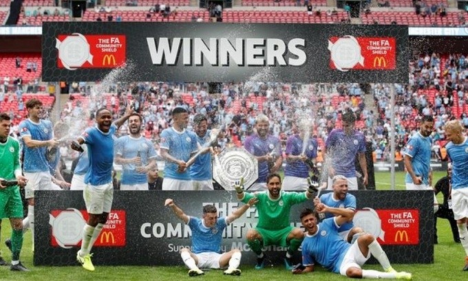 Soccer Football - FA Community Shield - Manchester City v Liverpool - Wembley Stadium, London, UK - August 4, 2019 Manchester City players celebrate winning the FA Community Shield. (Reuters)