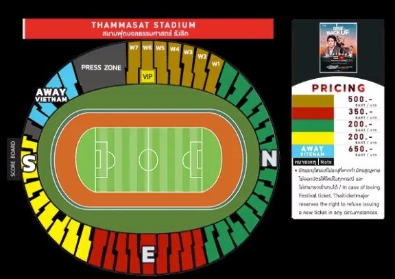 The allocation of seats and ticket prices at Rangsit’s Thammasat Stadium which will host the Vietnam-Thailand clash on September 5.
