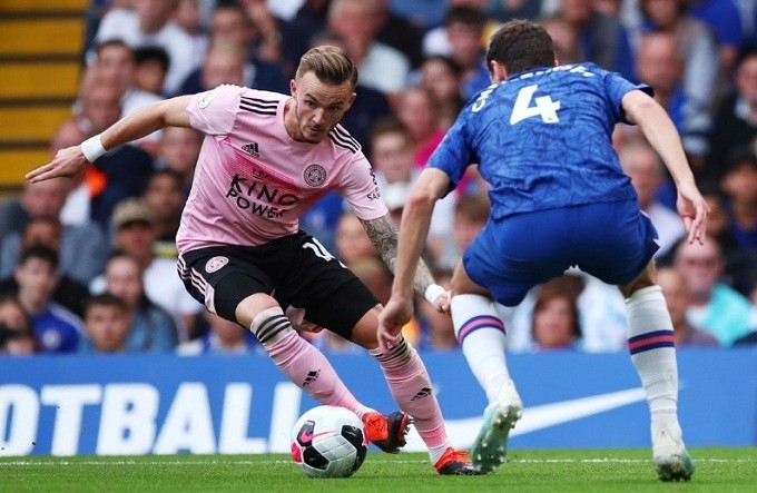 Soccer Football - Premier League - Chelsea v Leicester City - Stamford Bridge, London, Britain - August 18, 2019 Leicester City's James Maddison in action with Chelsea's Andreas Christensen. (Reuters)