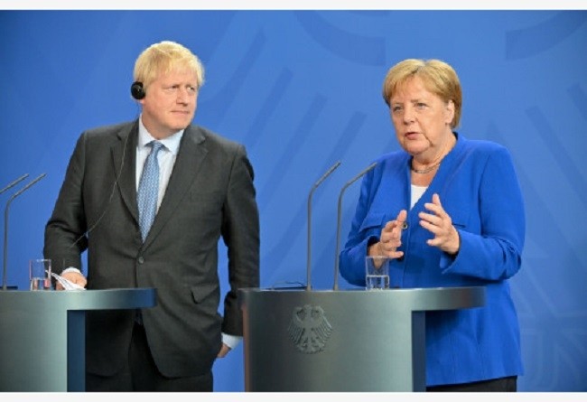 German Chancellor Angela Merkel (R) and visiting British Prime Minister Boris Johnson attend a joint press conference in Berlin, Germany, on August 21, 2019. (Photo: Xinhua)