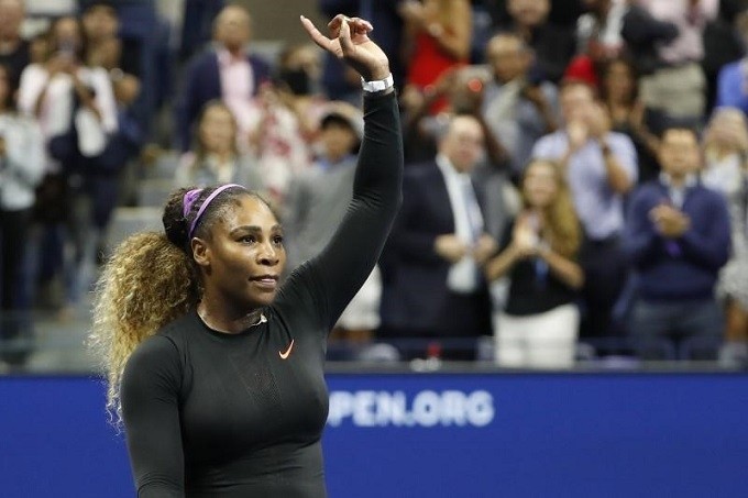 Sep 4, 2019; Flushing, NY, USA; Serena Williams of the United States gestures to the crowd after her match against Elina Svitolina of Ukraine (not pictured) in a semifinal match on day eleven of the 2019 US Open tennis tournament at USTA Billie Jean King National Tennis Center. (Mandatory Credit: Geoff Burke-USA TODAY Sports)