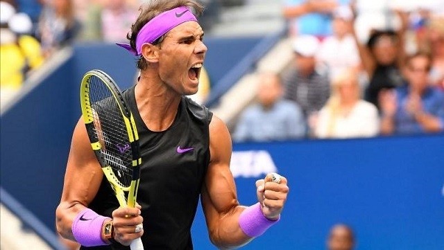 Sept 8, 2019; Flushing, NY, USA;  Rafael Nadal of Spain wins the first set against Daniil Medvedev of Russia in the men’s final match on day fourteen of the 2019 US Open tennis tournament at USTA Billie Jean King National Tennis Centre. (Credit: USA TODAY Sports)