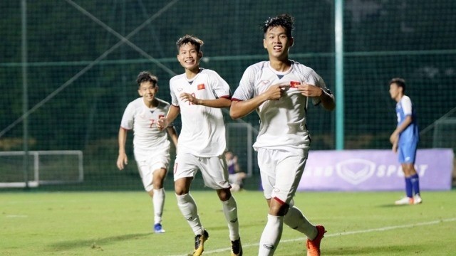 Vietnam U16 players celebrate after scoring against Mongolia U16s during their Group H clash under the AFC U16 Championship 2020 Qualifiers in Hanoi on Wednesday. (Photo: Vietnam Football Federation)