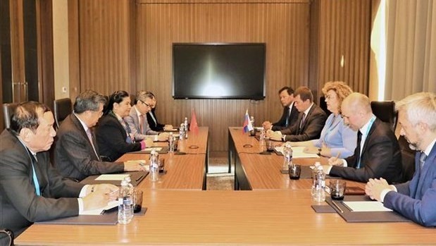 Standing Vice Chairwoman of the National Assembly (NA) Tong Thi Phong in a meeting with Deputy Chairwoman of the State Duma of Russian Federation Olga Timofeeva on September 23 (Photo: VNA)