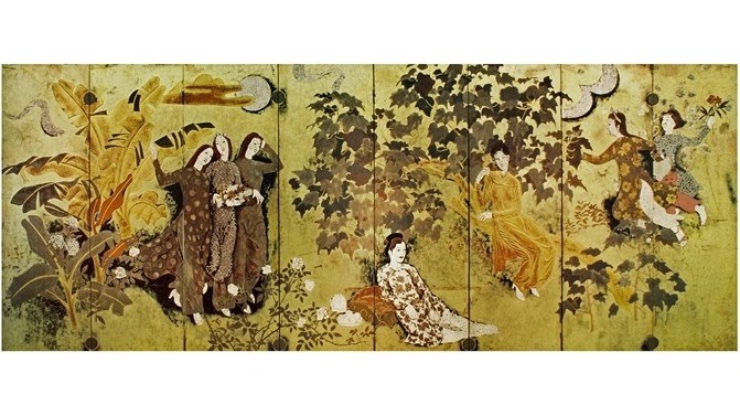 A lacquer painting entitled Thieu Nu Trong Vuon (Girls in The Garden) by master painter Nguyen Gia Tri. (Photo courtesy of the Vietnam Museum of Fine Arts)