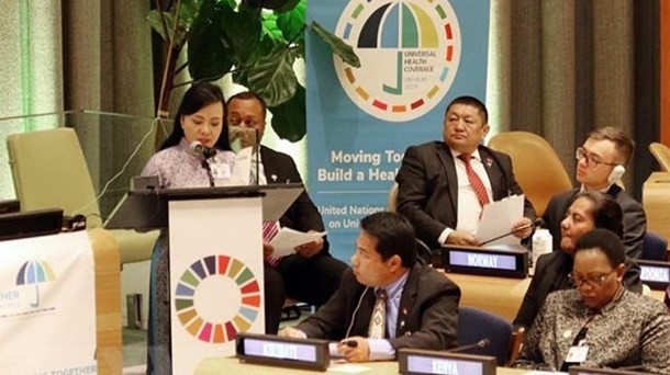 Minister of Health Nguyen Thi Kim Tien delivers a speech at the UN High-Level Meeting on Universal Health Coverage in New York on September 23. (Photo: VNA)