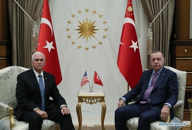 Turkish President Recep Tayyip Erdogan (R) meets with US Vice President Mike Pence (L) in Ankara, Turkey, on October 17, 2019. (Photo: Xinhua)
