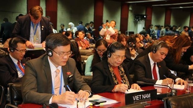 Vice Chairwoman of the National Assembly Tong Thi Phong (second, left) and the Vietnamese delegation at the 141st IPU Assembly (Photo: VNA)