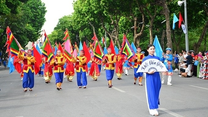 A performance at the weekend pedestrian zone around Hoan Kiem lake in Hanoi