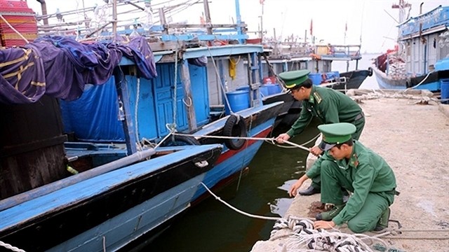 Soldiers under the Border Guard of Thua Thien - Hue Province help fishermen to anchor boats against Storm Nakri. (Photo: NDO/Thuan Hoa)