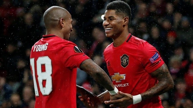 Soccer Football - Europa League - Group L - Manchester United v Partizan Belgrade - Old Trafford, Manchester, Britain - November 7, 2019 Manchester United's Marcus Rashford celebrates scoring their third goal with teammate Ashley Young. (Photo: Reuters)