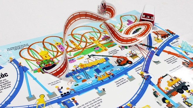 A colourful page from an interactive book on ‘Construction sites’ for children by Dinh Ti publishing house (Photo: zing.vn)