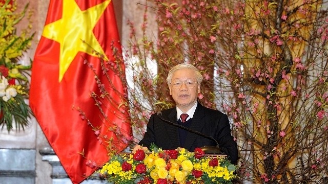 Party General Secretary and President Nguyen Phu Trong offers Tet greetings at the get-together in Hanoi on February 22 (Photo: NDO/Dang Khoa)