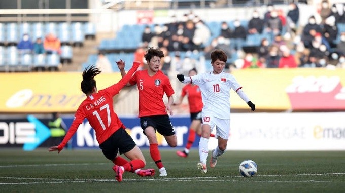 Vietnam (in white) qualify for the play-off round of the Tokyo 2020 women's football tournament as the Group A runners-up. (Photo: VFF)