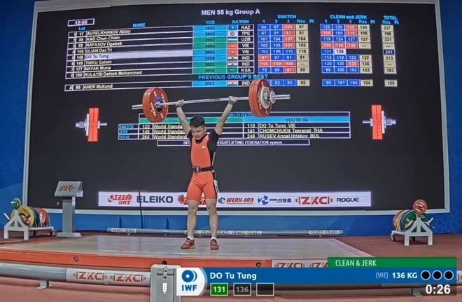 Vietnamese weightlifter Do Tu Tung competes in the boys' 55kg category at the 2020 Asian Youth and Junior Championships in Tashkent, Uzbekistan.