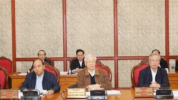 Party General Secretary and President Nguyen Phu Trong (centre) chairs a meeting of the Political Bureau on February 14 (Source: VNA)