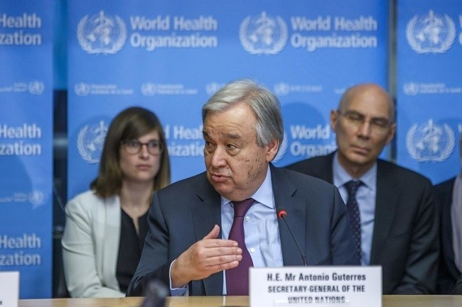 United Nations (UN) Secretary-General Antonio Guterres speaks on the situation regarding the COVID-19 at the World Health Organization (WHO) headquarters in Geneva, Switzerland, Feb. 24, 2020.