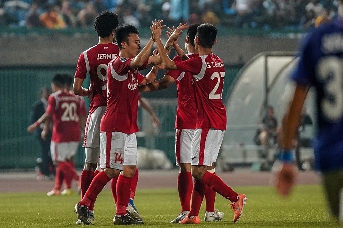 Quang Ninh Coal players celebrate scoring against Cambodia's Svay Rieng in the 2020 AFC Cup.