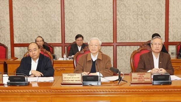 Party General Secretary and President Nguyen Phu Trong (centre) chairs the Politburo’s meeting on the COVID-19 prevention and control in Hanoi on March 20. (Photo: VNA)
