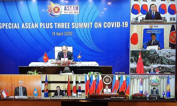 Leaders of the 10 ASEAN member nations and the bloc’s three partners at the online Special ASEAN+3 Summit on COVID-19. 