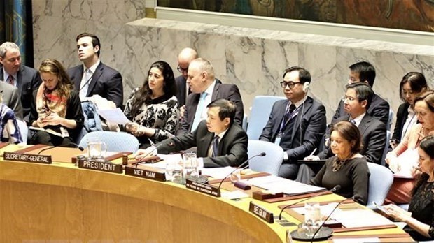Ambassador Dang Dinh Quy taps the gavel to start the debate. (Photo: VNA)