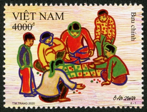 A stamp sample features 'o an quan' (mandarin square capturing) game.