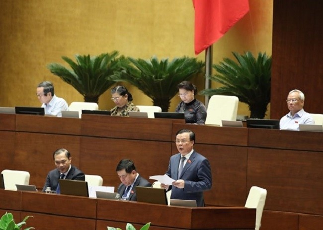 Minister of Finance Dinh Tien Dung (standing) speaks at the plenary sitting on June 15. (Photo: VNA)