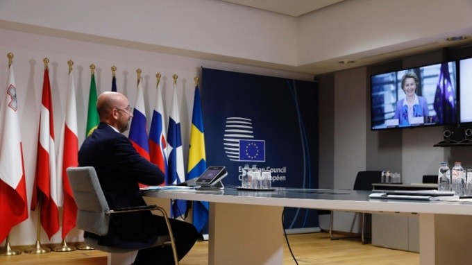 European Council President Charles Michel and European Commission President Ursula von der Leyen take part in the high-level video conference on Brexit with UK Prime Minister Boris Johnson. (Photo: European Council Audiovisual)