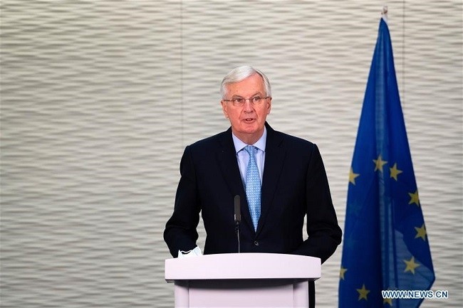 Michel Barnier, the European Union's (EU) chief negotiator for relations with the United Kingdom (UK), delivers a speech at a press conference in London, Britain, on July 23, 2020. (Source: European Union/Handout via Xinhua)