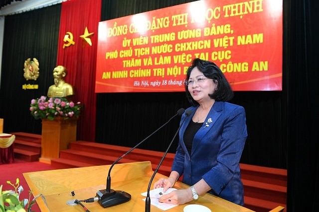 Vice President Dang Thi Ngoc Thinh speaks at the working session. (Photo: Ministry of Public Security)