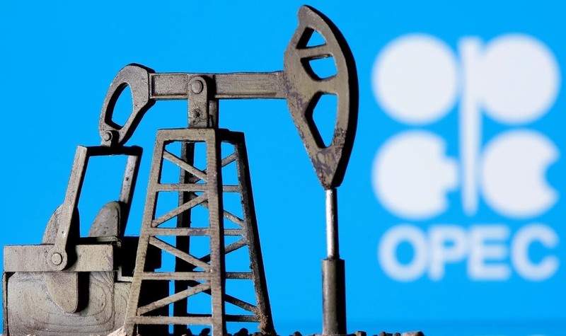 A 3D printed oil pump jack is seen in front of displayed Opec logo in this illustration picture, April 14, 2020. (Photo: Reuters) 